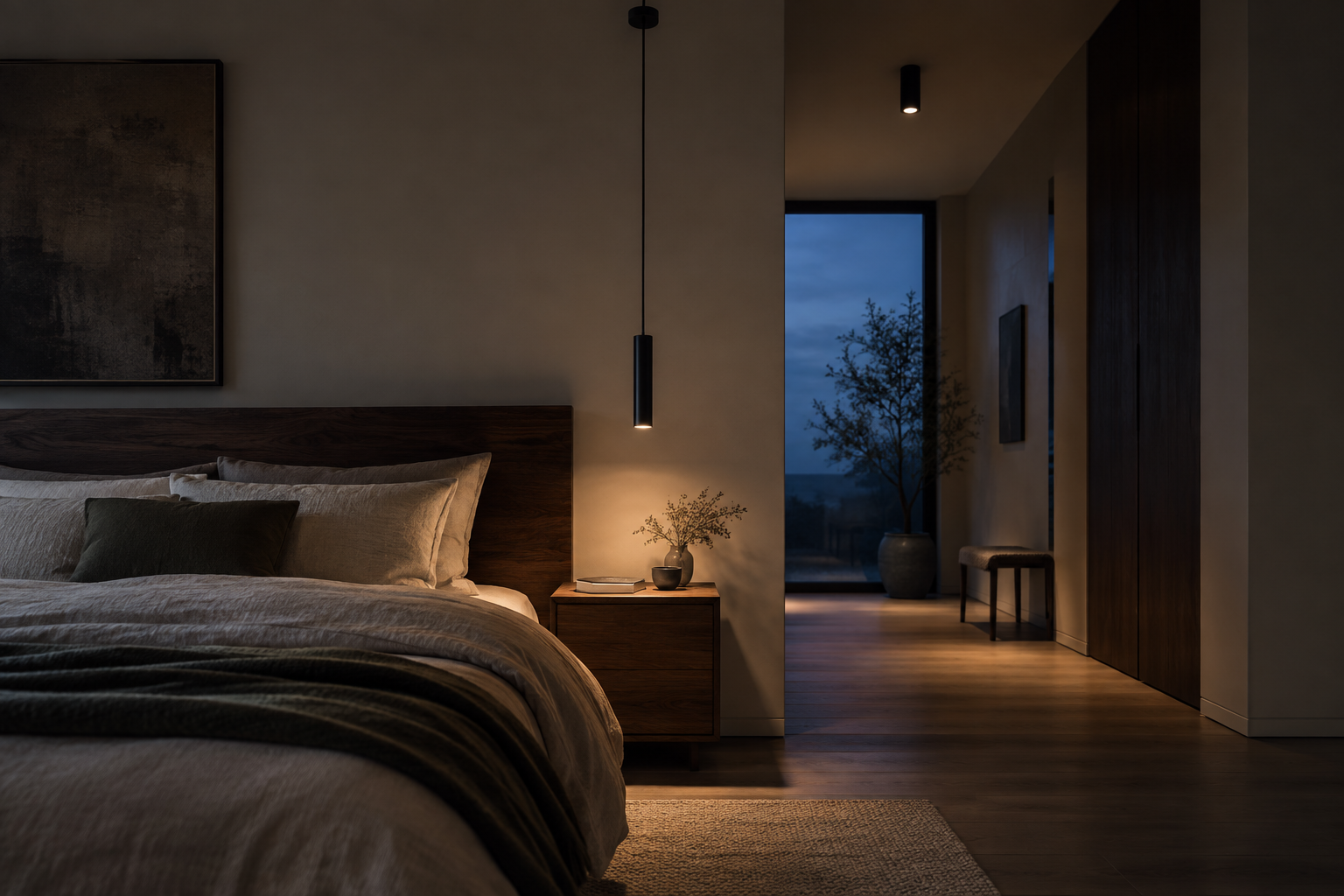 Evening bedroom with a bedside pendant lighting a book and a surface downlight illuminating the adjacent passage