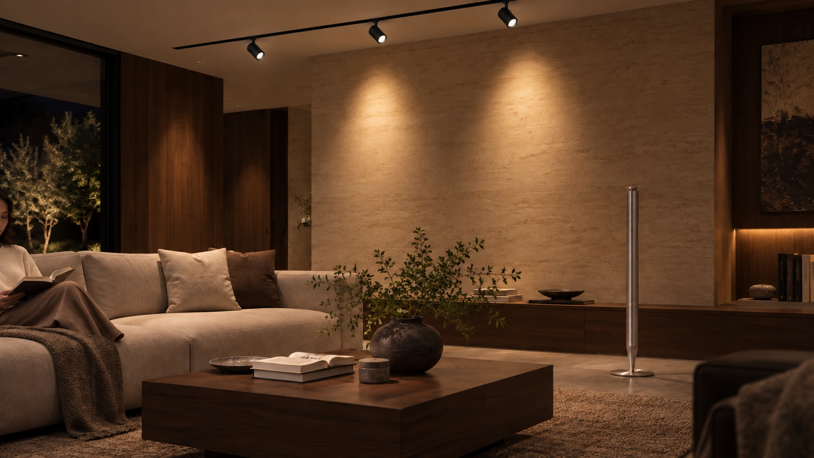 Magnetic track luminaires illuminate walls, greenery and a reading area in a warm wood living room
