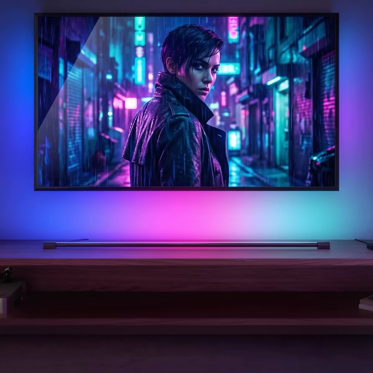 Blue, violet and cyan ambient light around a television and light tube