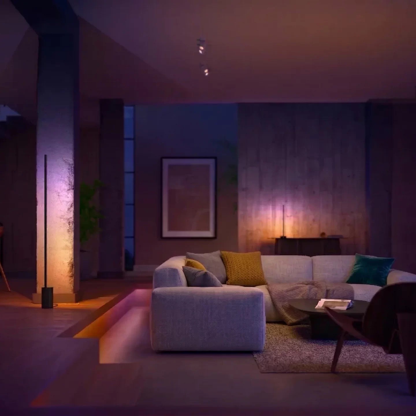 Warm and violet accent light on a column and cabinet in a quiet living room
