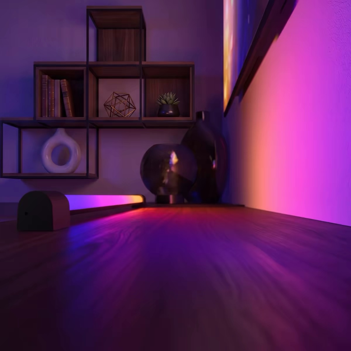 A horizontal light tube casting violet and amber across a cabinet