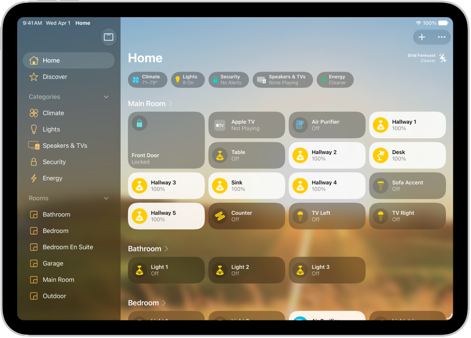 用于磁吸取放演示的 iPad,屏幕保留 Apple 家庭 App 原版界面