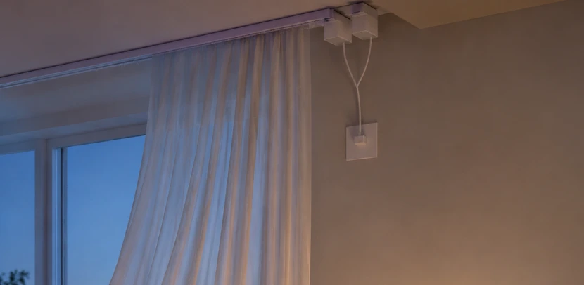 Motor Air 双轨安装实景:布帘和纱帘各自对应一台白色电机