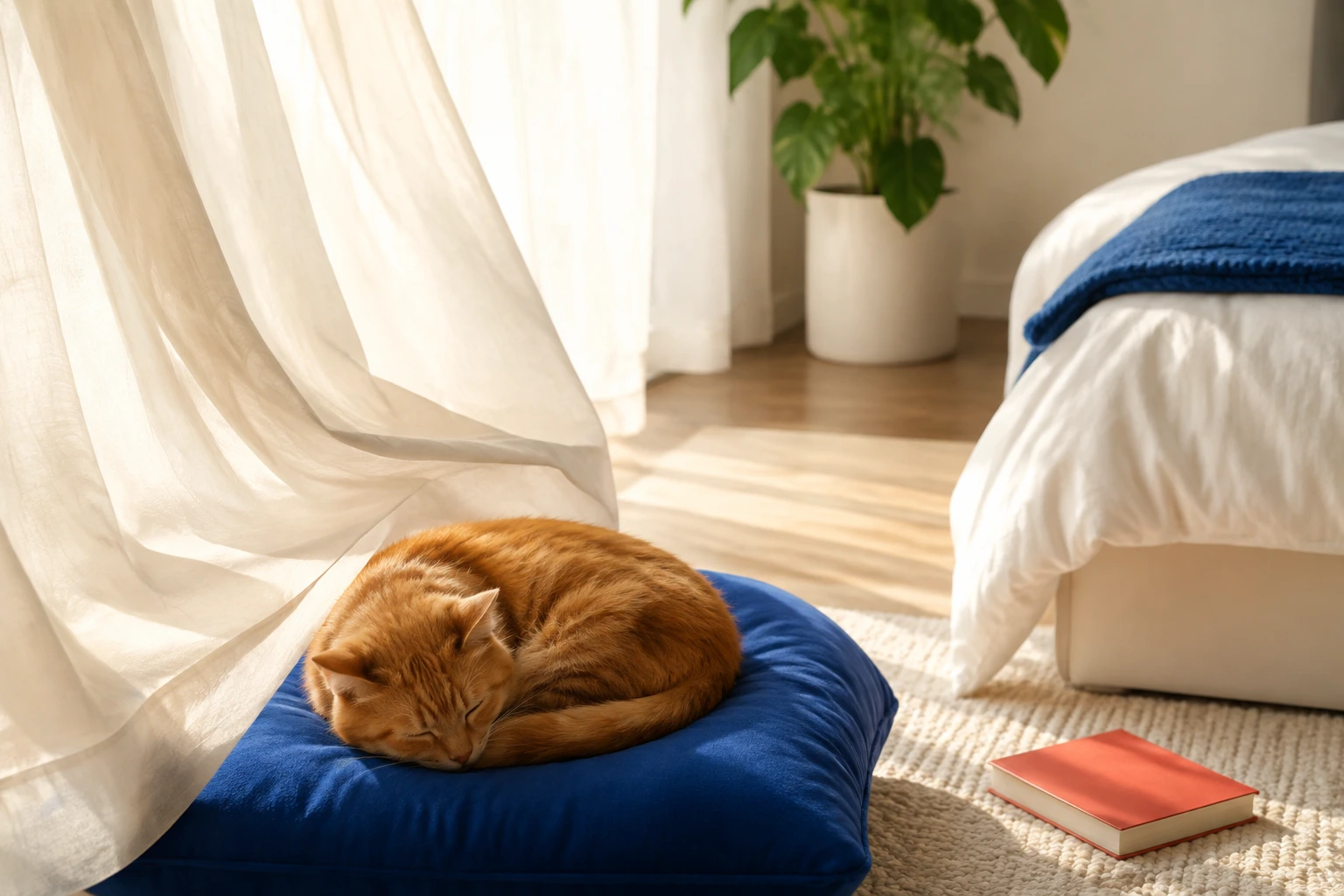 一只橘猫在蓝色软垫上安睡,窗边自然光柔和落下