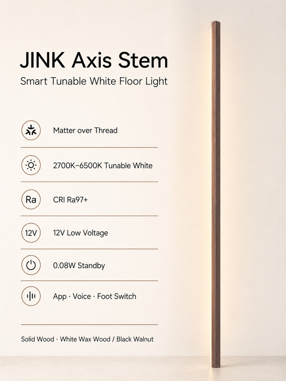 JINK Axis Stem Matter over Thread tunable white floor light specifications — standardized 3x4 media