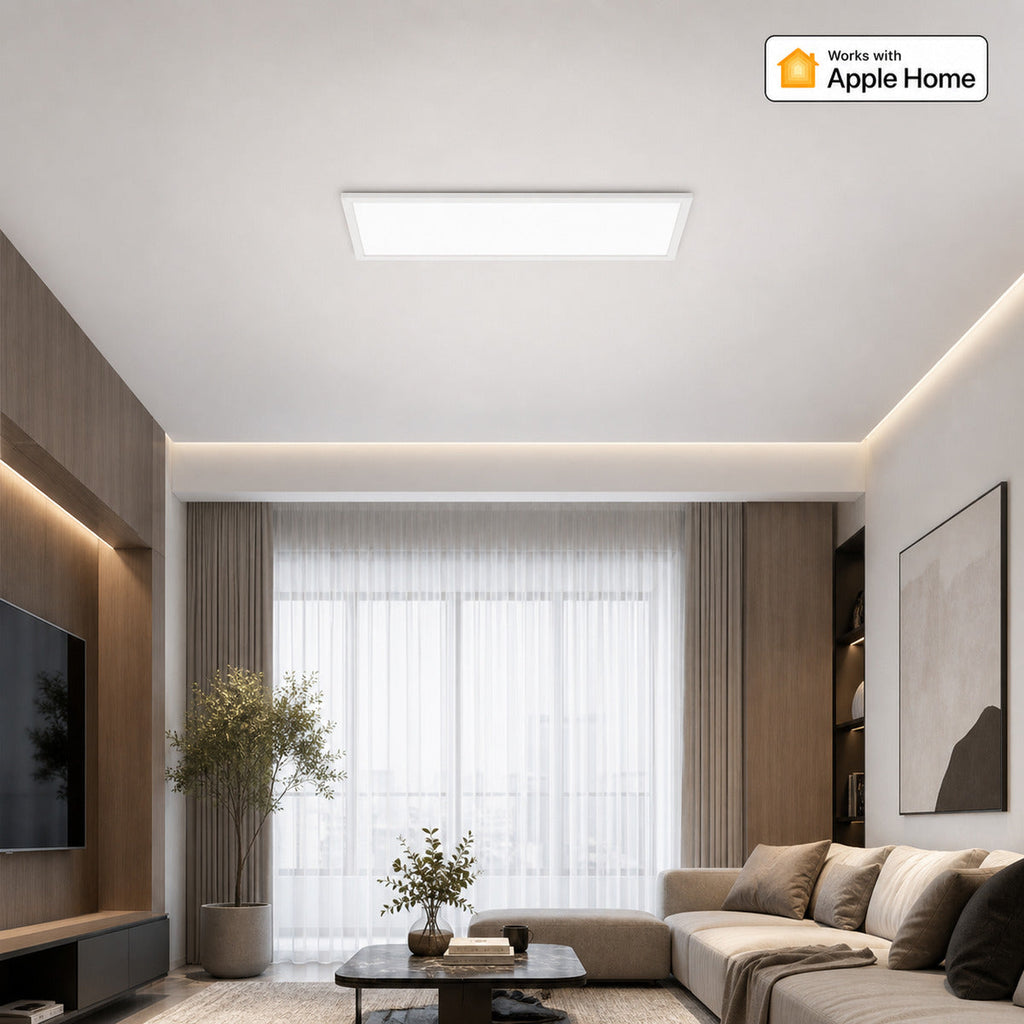 JINK Halo Tile Matter over Thread ceiling panel light in an Apple Home living room — standardized 1x1 media