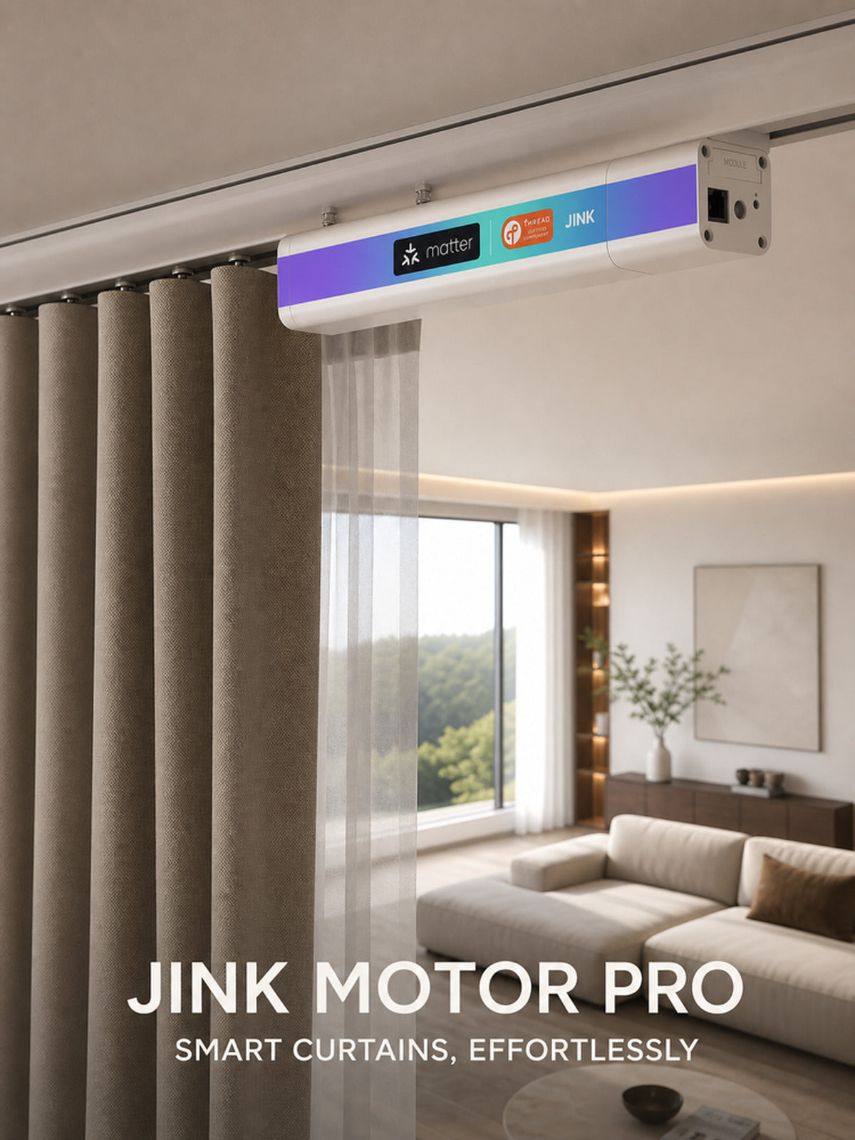 JINK Motor Pro Matter smart curtain motor lifestyle scene — standardized 3x4 media