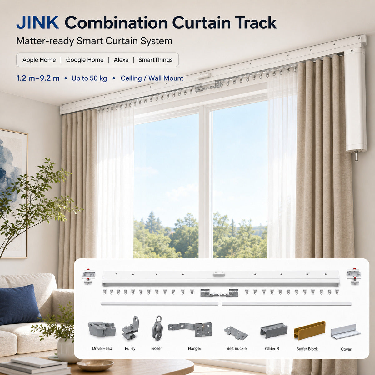 JINK Combination Curtain Track Matter-ready smart curtain system hero — standardized 1x1 media