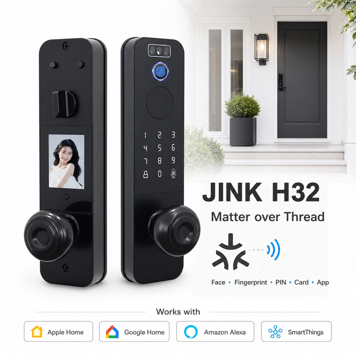 JINK H32 Matter over Thread smart door lock integrated product scene and platform compatibility — standardized 1x1 media