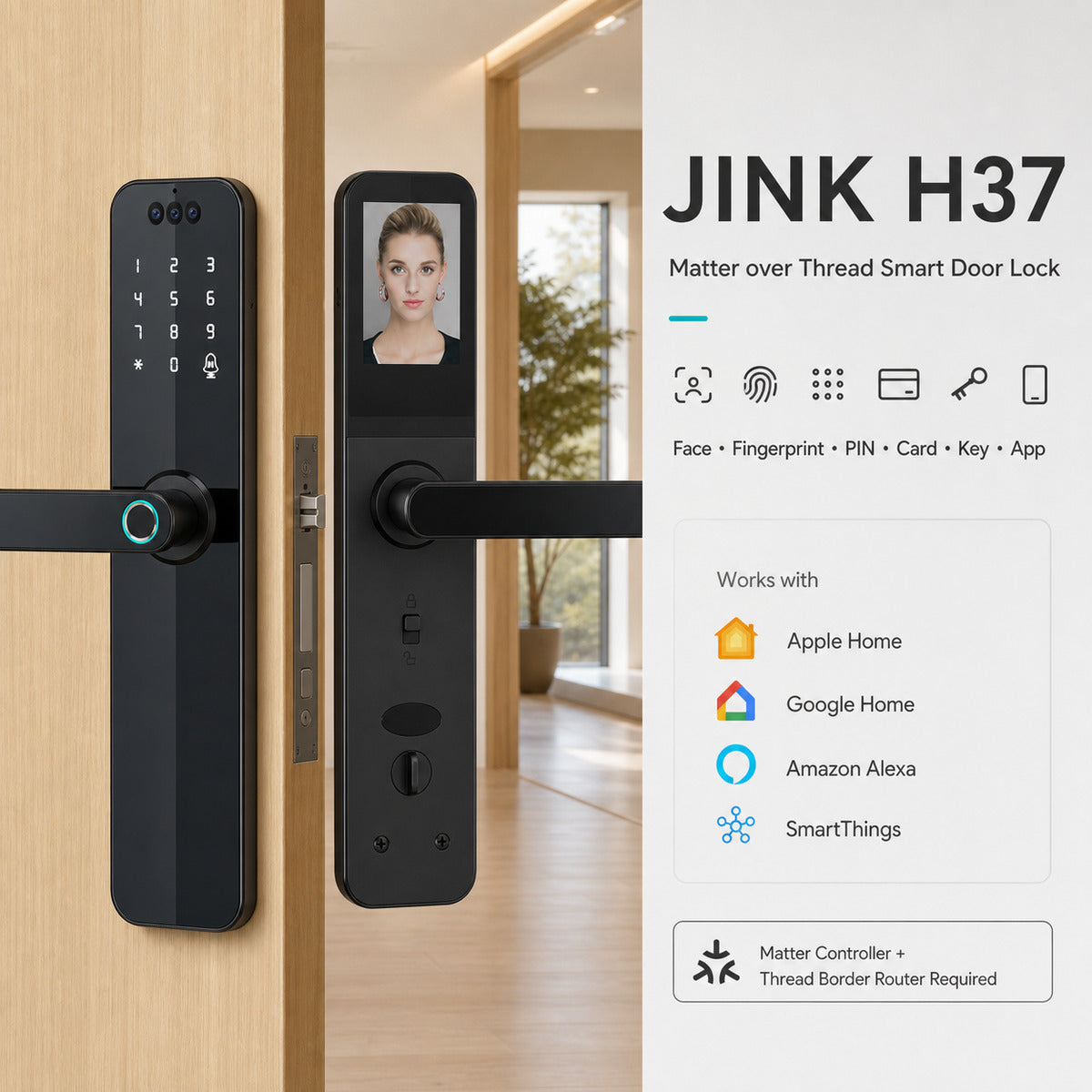 JINK H37 Matter over Thread smart door lock integrated home scene — standardized 1x1 media