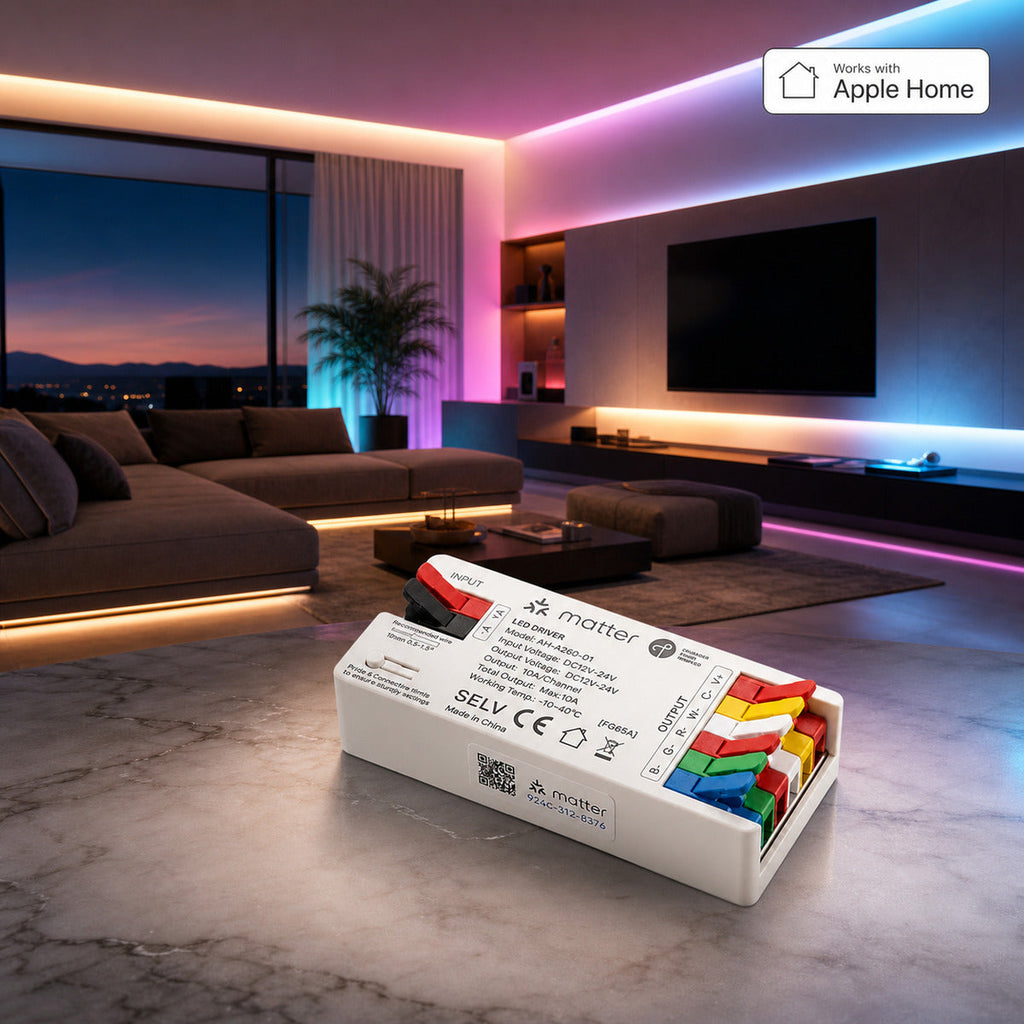 JINK Flux DC RGBCW Matter over Thread LED driver in an Apple Home smart lighting scene — standardized 1x1 media