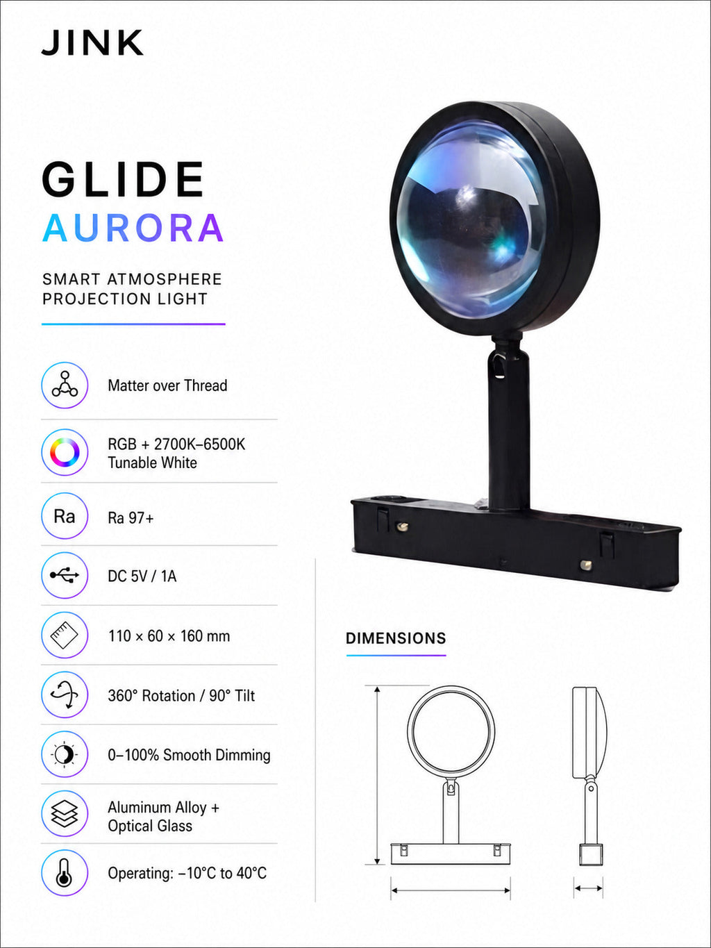 JINK Glide Aurora technical specifications — standardized 3x4 media