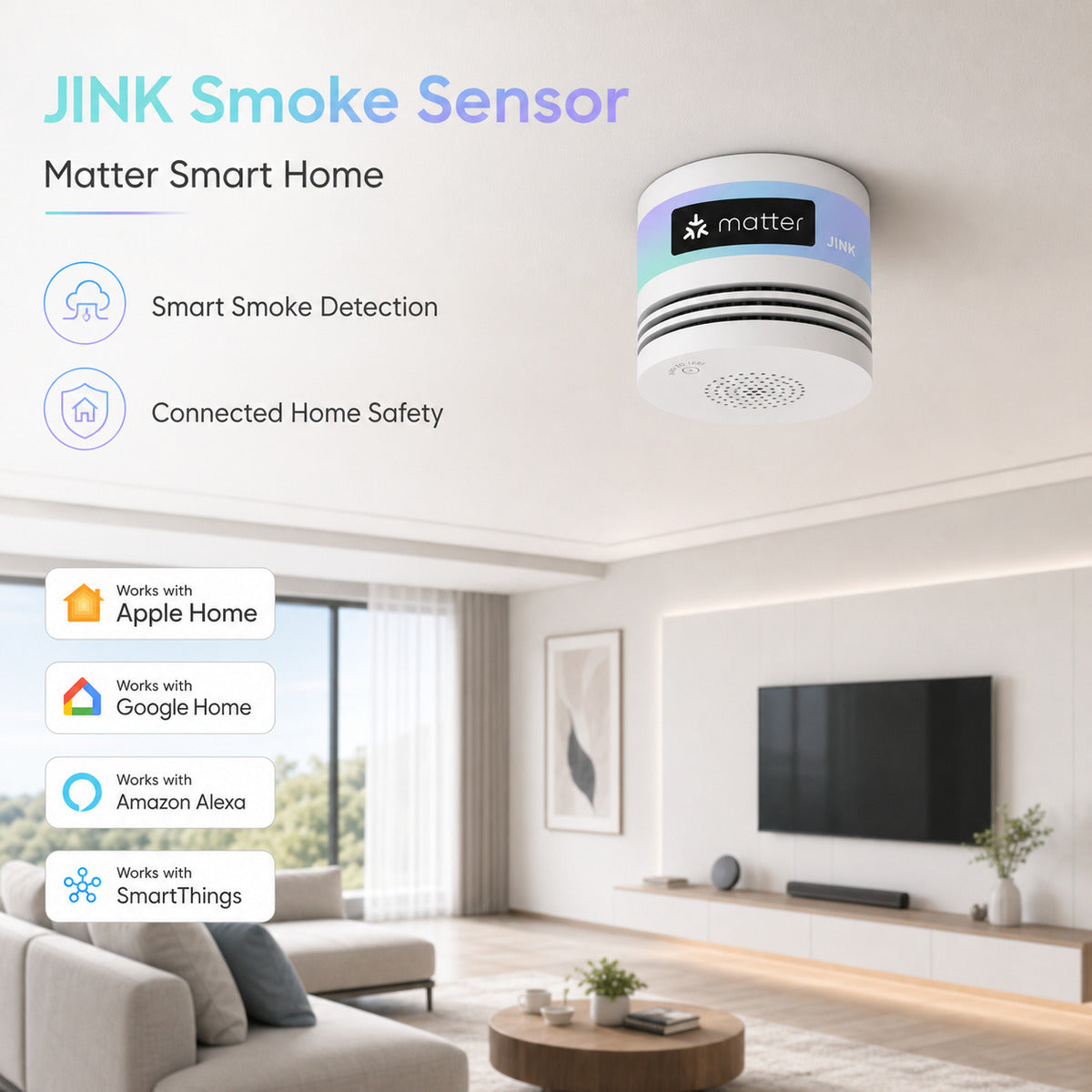 JINK Smoke Sensor Matter smart home hero — standardized 1x1 media