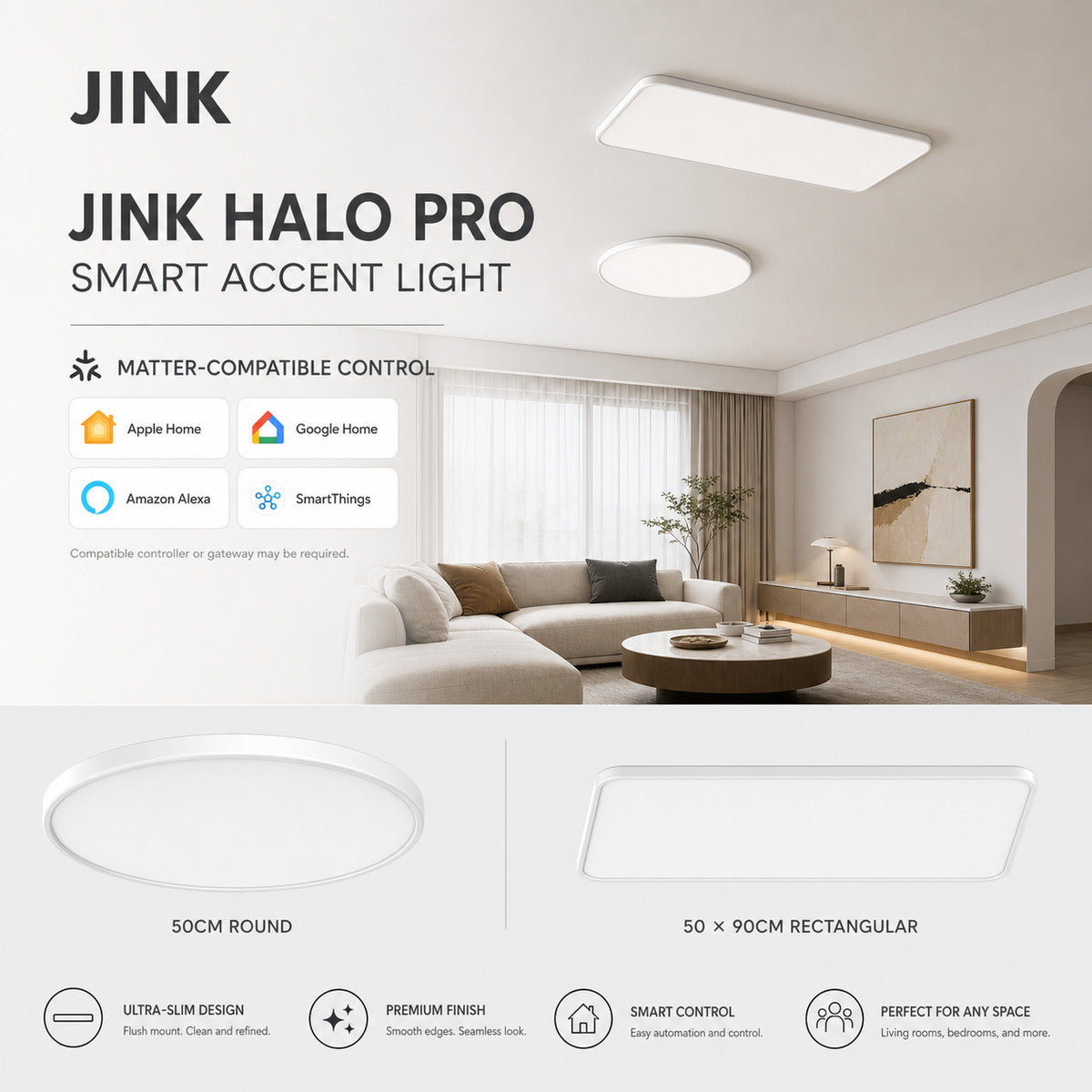 JINK Halo Pro Matter-compatible smart accent ceiling light hero image — standardized 1x1 media