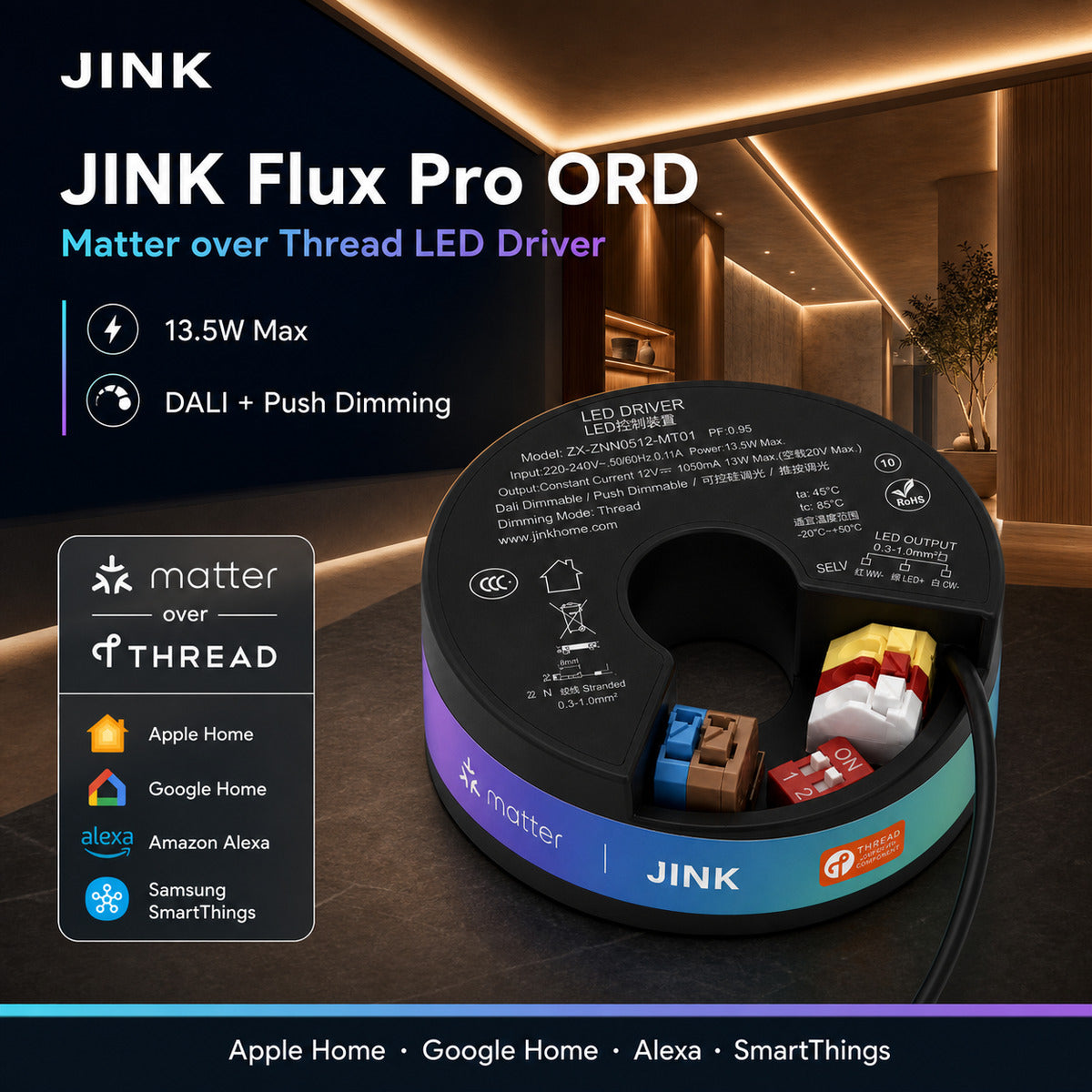 JINK Flux Pro ORD Matter over Thread LED driver hero — standardized 1x1 media