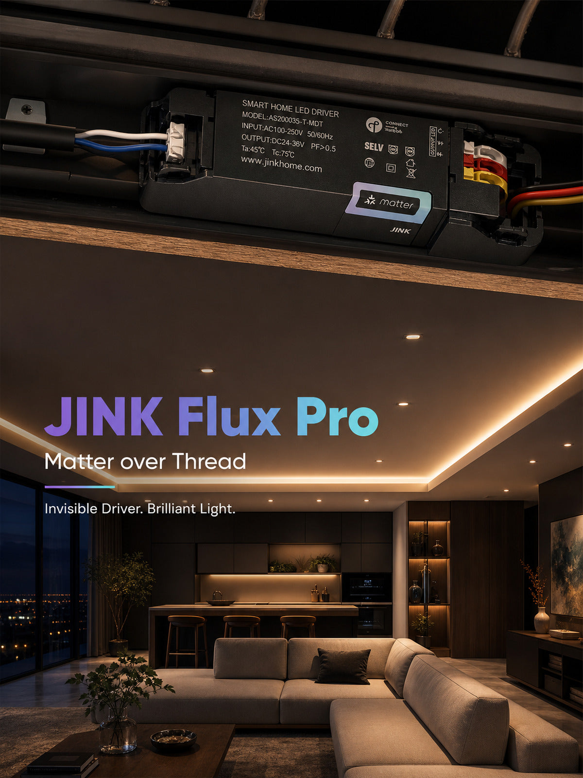 JINK Flux Pro Matter over Thread architectural lighting scene — standardized 3x4 media