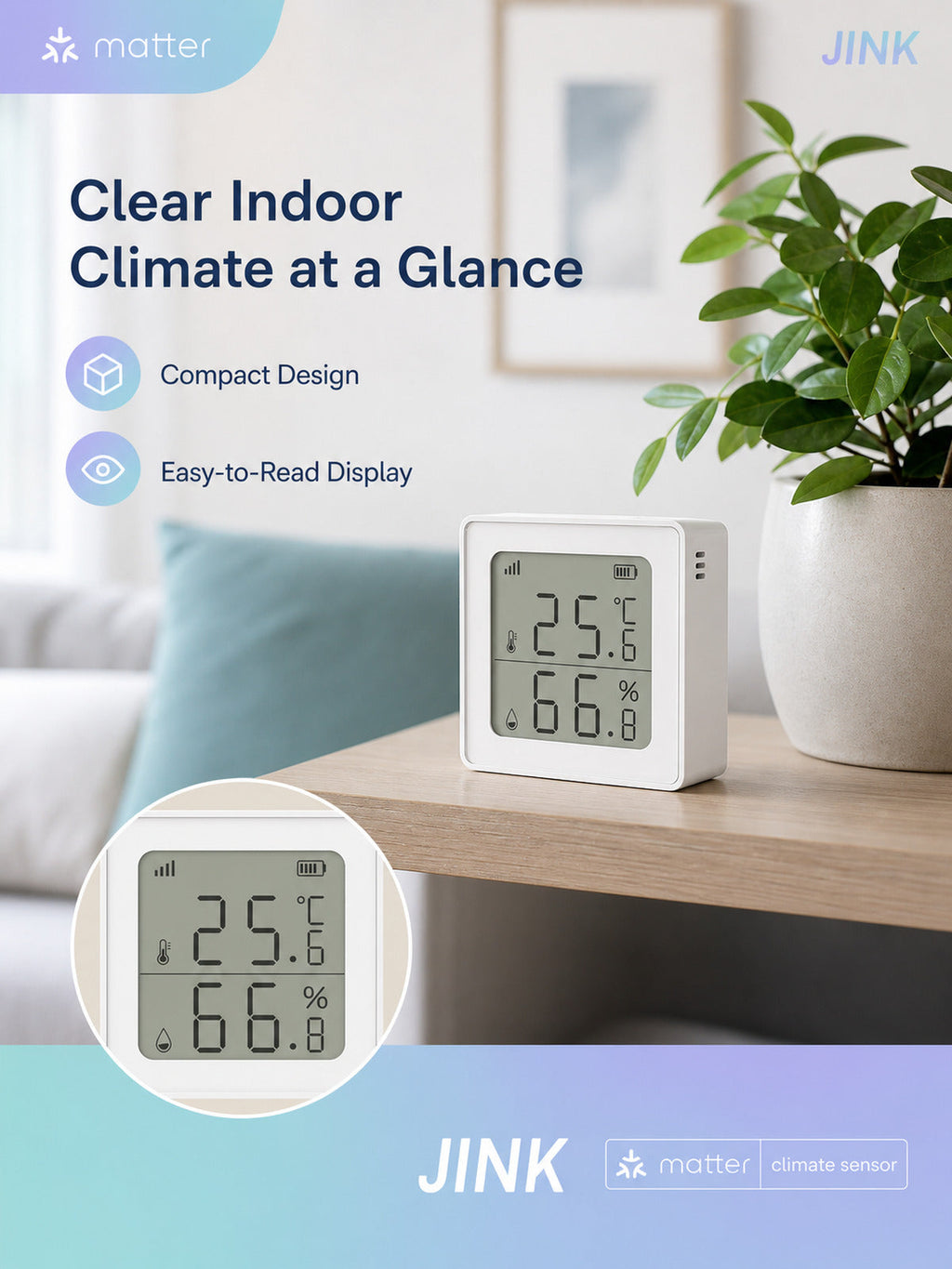 JINK Climate Sensor display and compact design — standardized 3x4 media