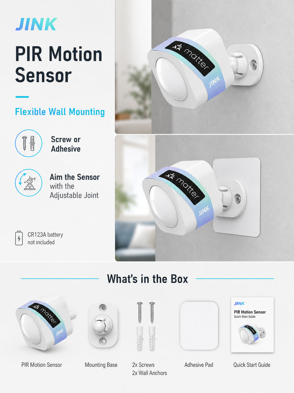 JINK PIR Motion Sensor mounting and package contents — standardized 3x4 media