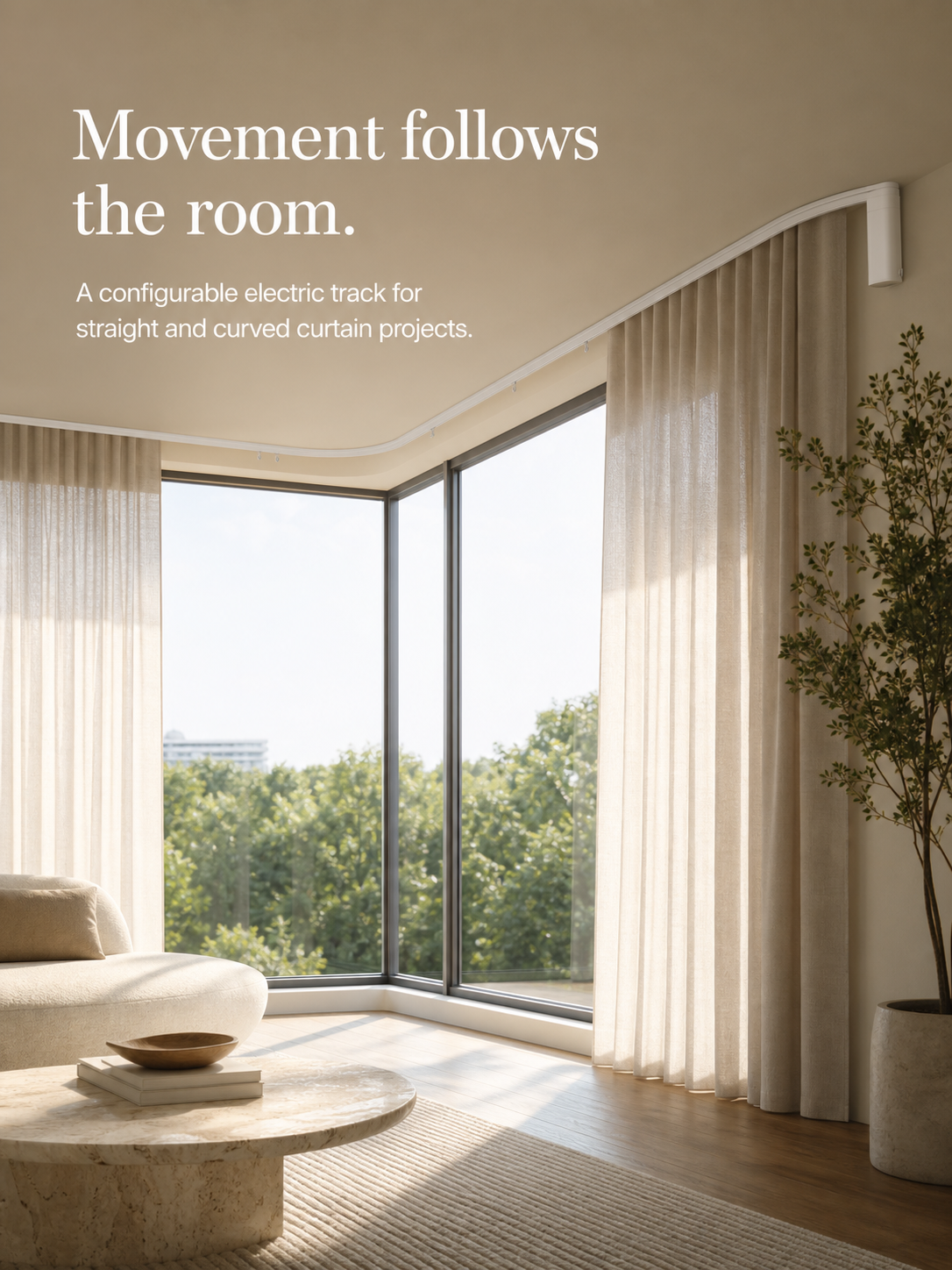 JINK Glide curved electric curtain track in a contemporary interior