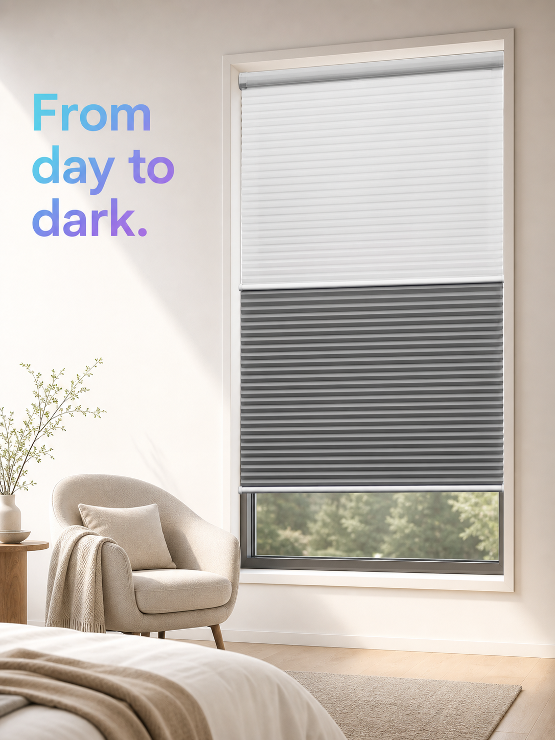 JINK Eclipse day and night honeycomb shade in a bright bedroom