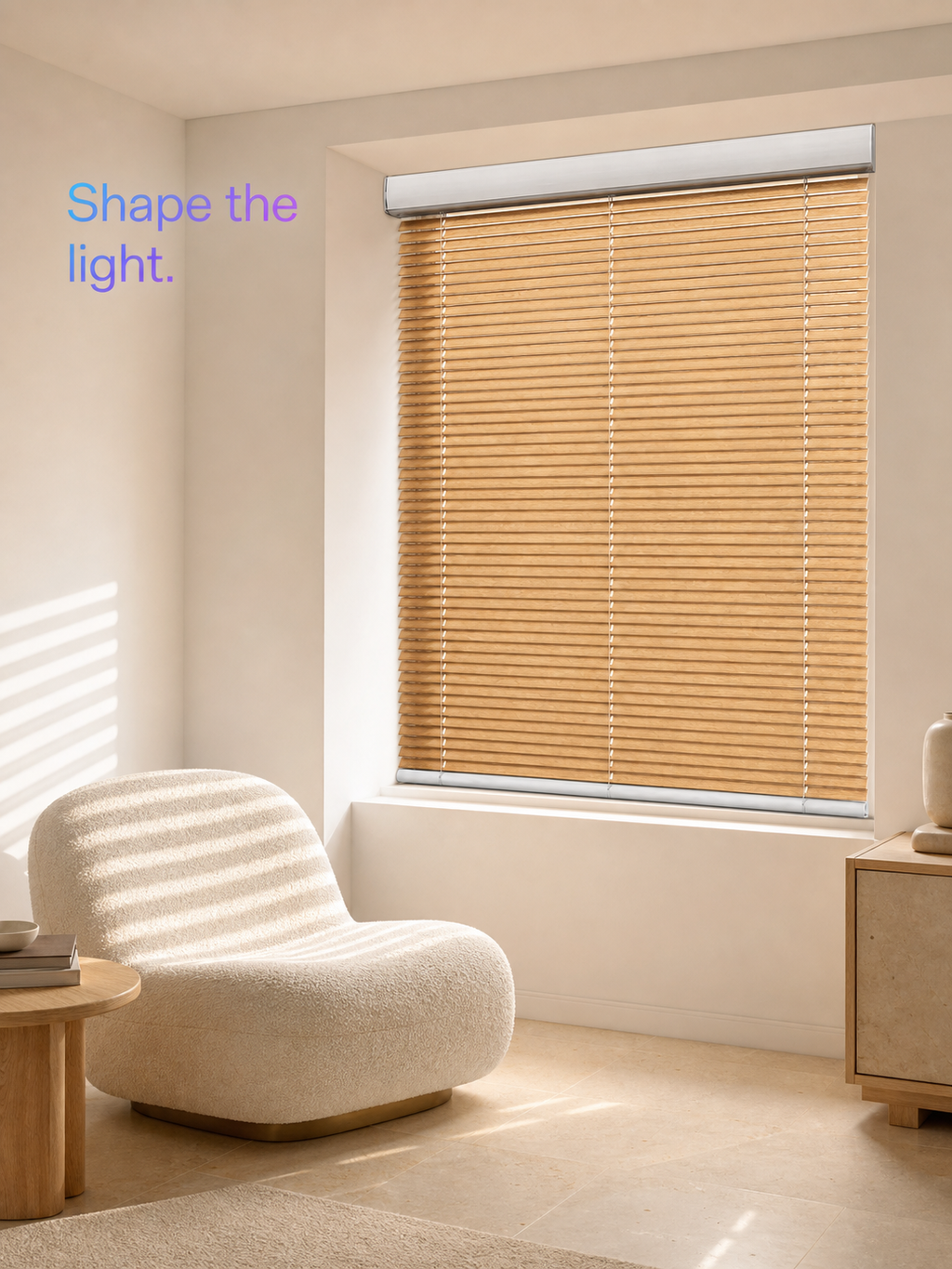 JINK Tilt Nature timber venetian blind shaping morning light in a living room