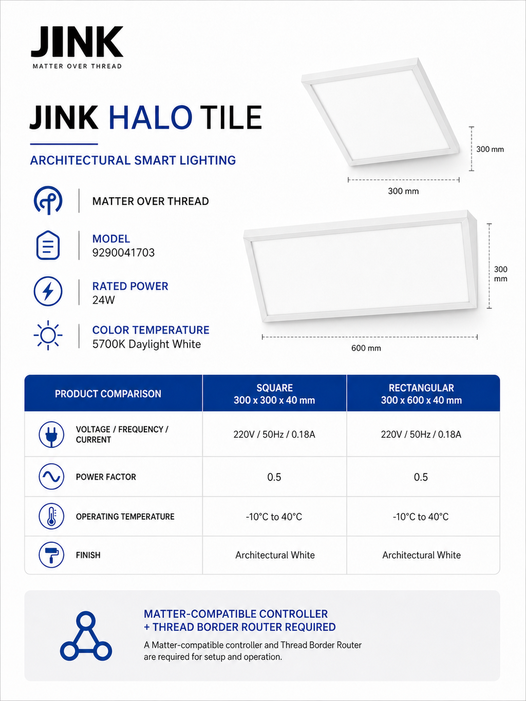 JINK Halo Tile 300x300 and 300x600 technical specification image