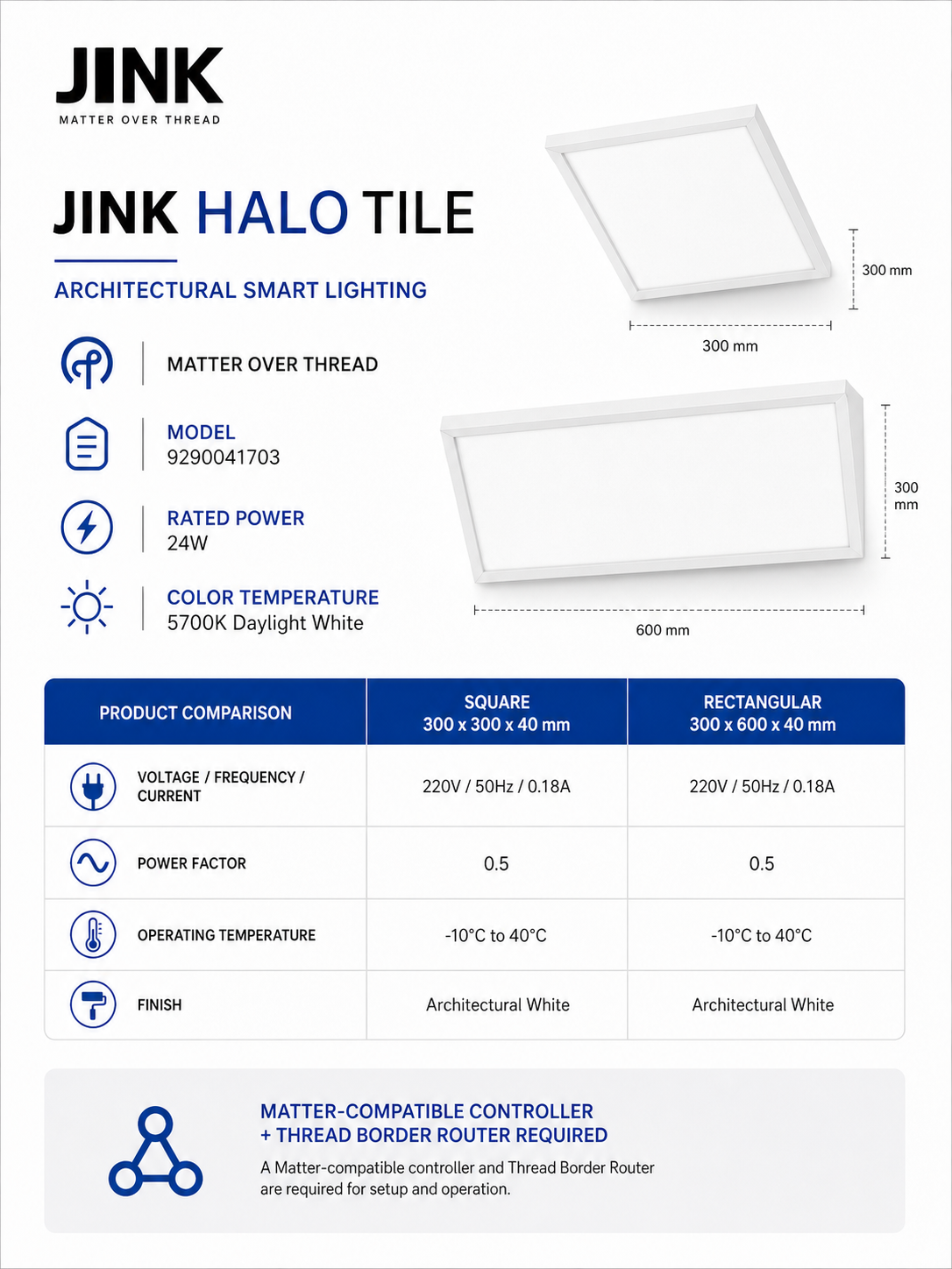 JINK Halo Tile 300x300 and 300x600 technical specification image