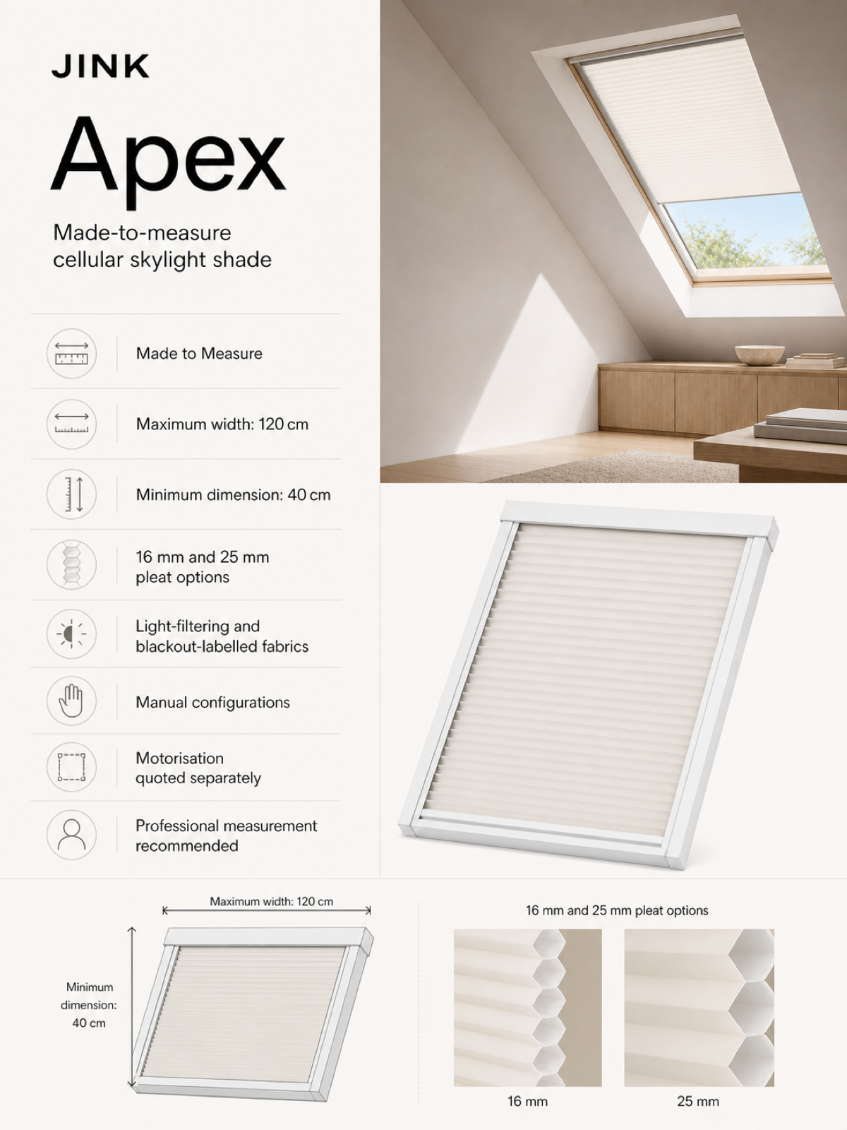 JINK Apex made-to-measure cellular skylight shade specifications