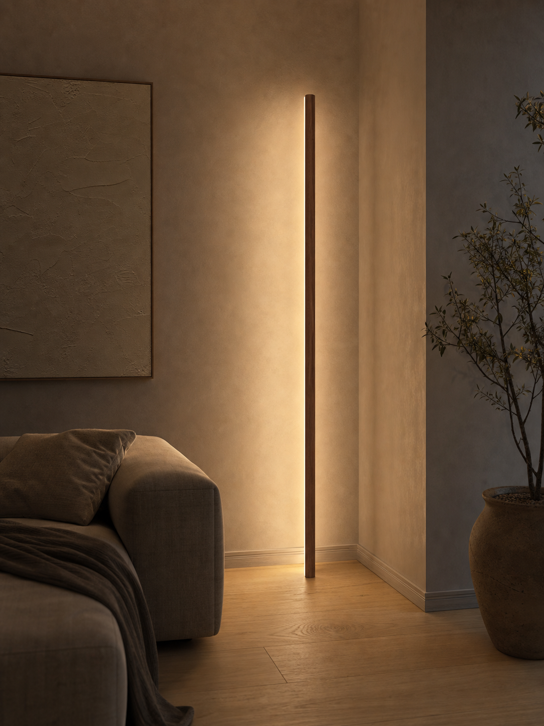 JINK Axis Stem solid wood smart floor light in modern living room