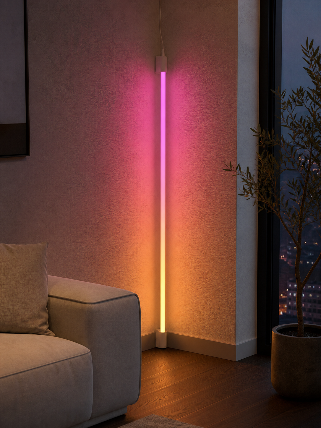 JINK Axis Tube full color RGB smart linear floor light in a modern living room