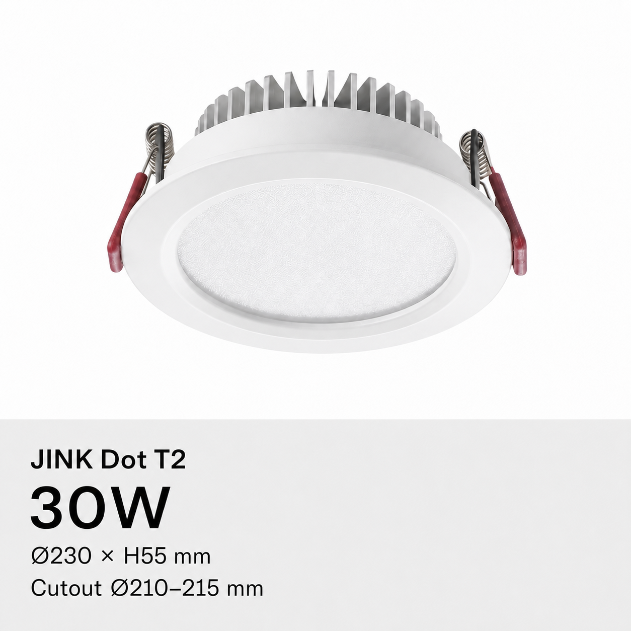 JINK Dot T2 30W, Ø230 × H55 mm, cutout Ø210–215 mm