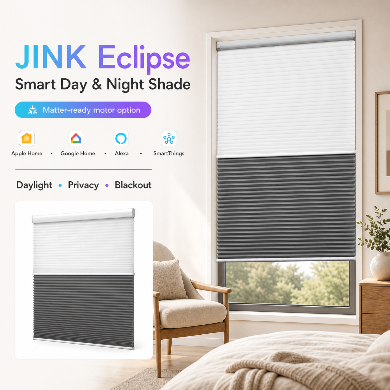 JINK Eclipse smart day and night honeycomb shade with Matter-ready motor option, bedroom scene and Apple Home Google Home Alexa SmartThings compatibility