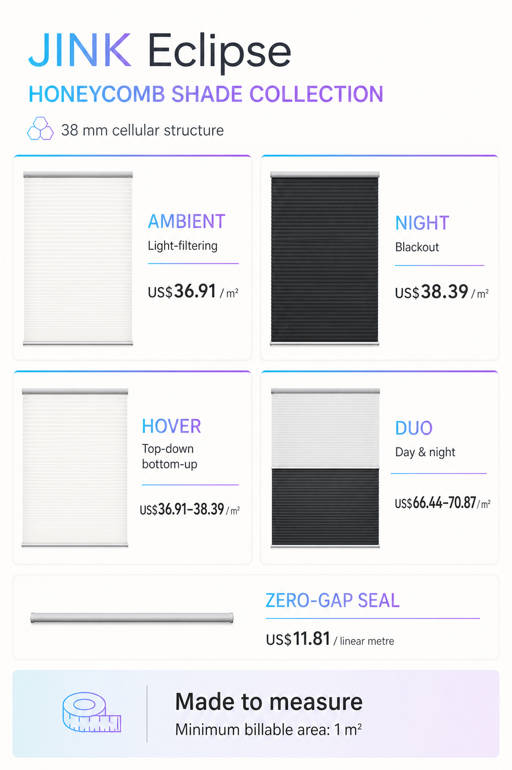 JINK Eclipse day and night honeycomb shade specifications