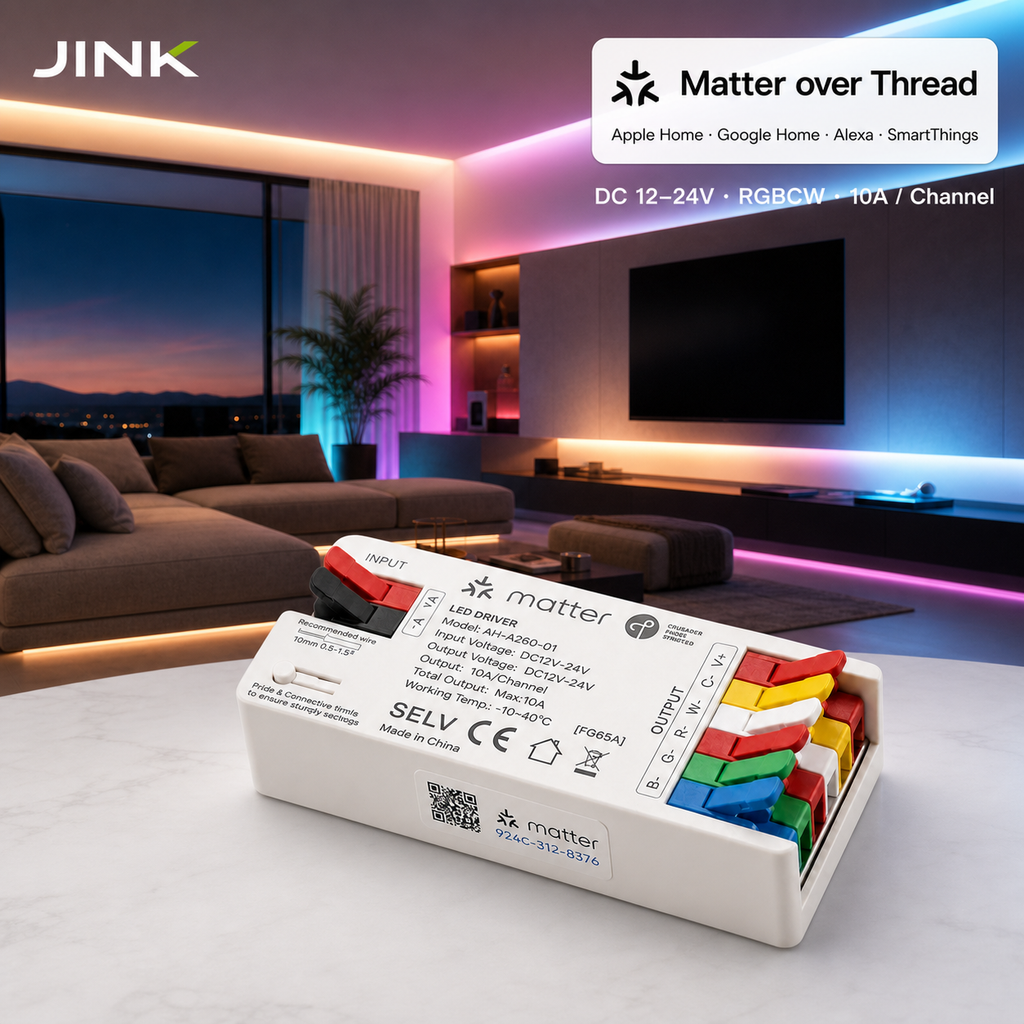 JINK Flux DC RGBCW Matter over Thread smart LED driver supporting Apple Home Google Home Alexa and SmartThings