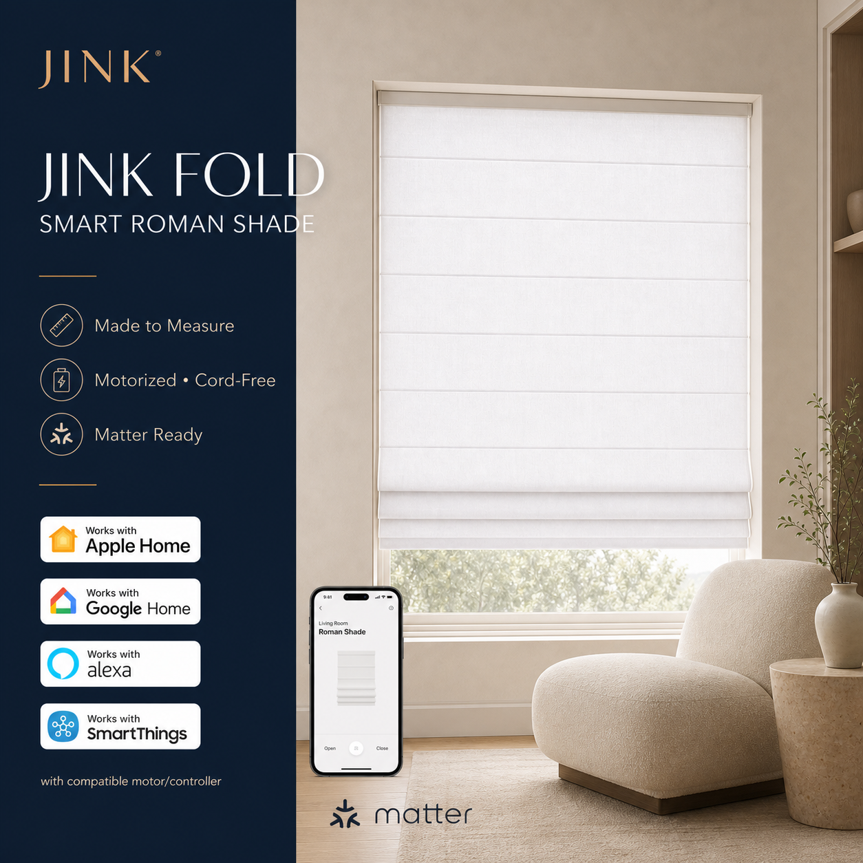 JINK Fold smart Roman shade Matter-ready composite hero