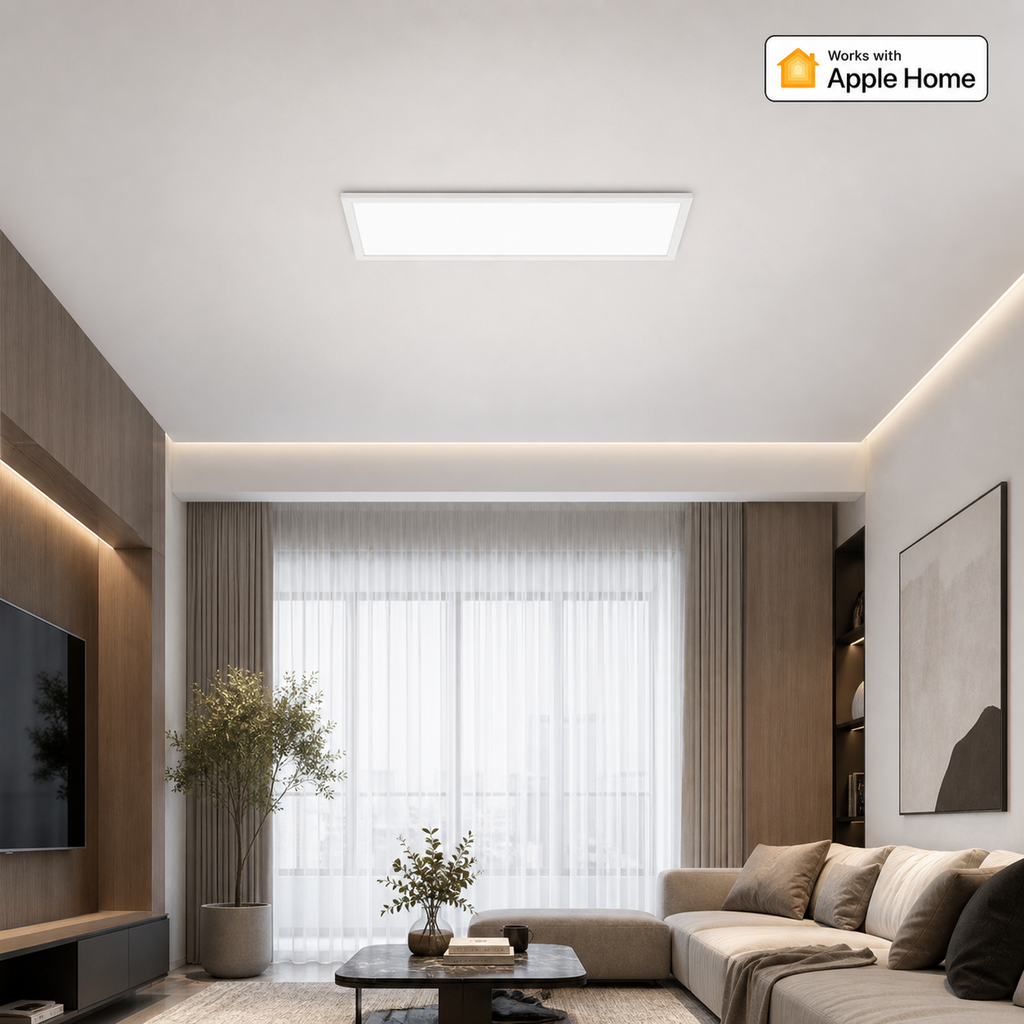 JINK Halo Tile Matter over Thread ceiling panel light in an Apple Home living room