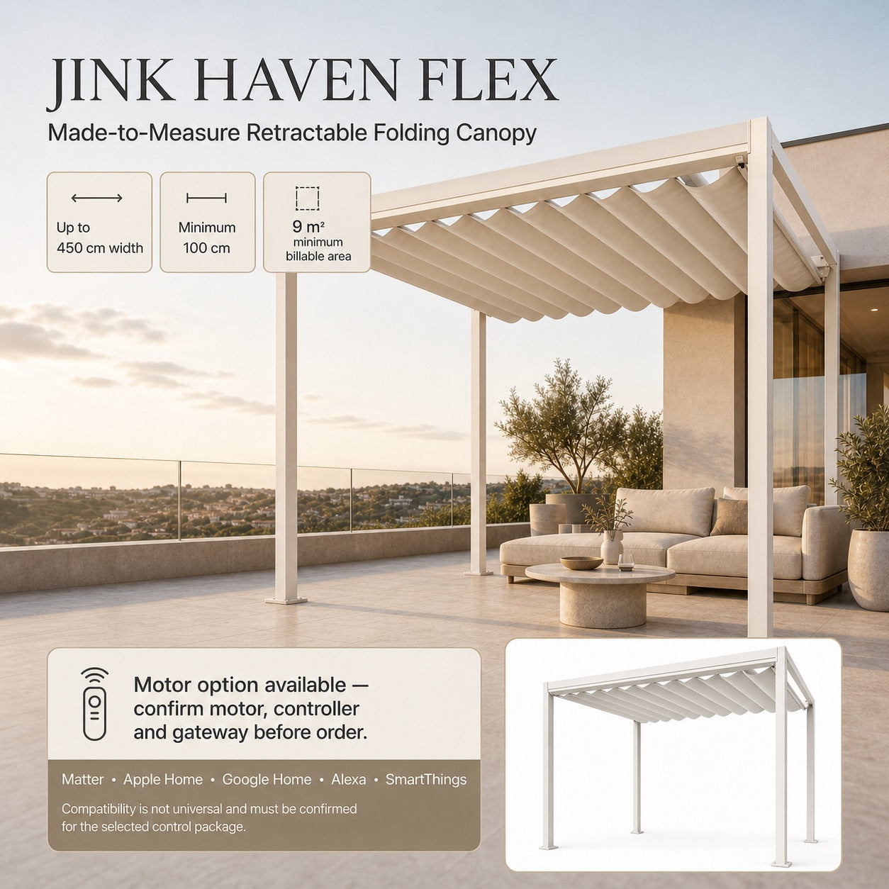 JINK Haven Flex comprehensive terrace hero with motor and smart-control compatibility qualifier