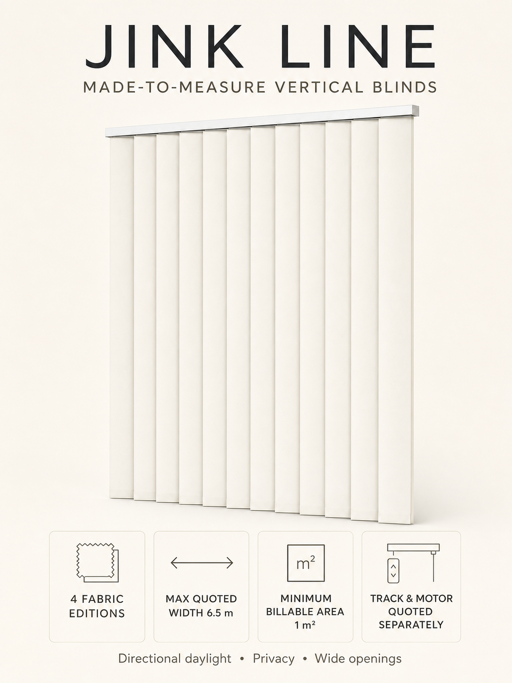 JINK Line vertical blind specification infographic