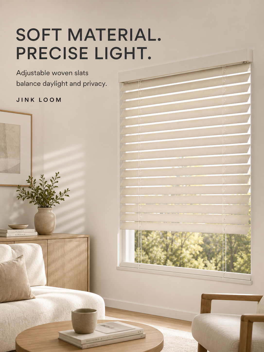JINK Loom fabric Venetian blinds in a warm interior