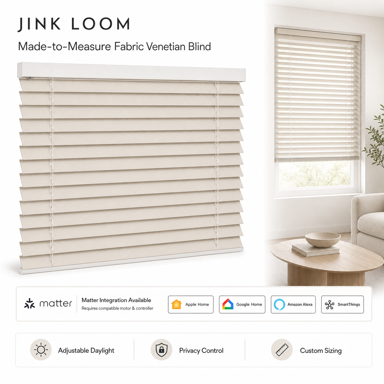 JINK Loom made-to-measure fabric Venetian blind with optional Matter integration overview