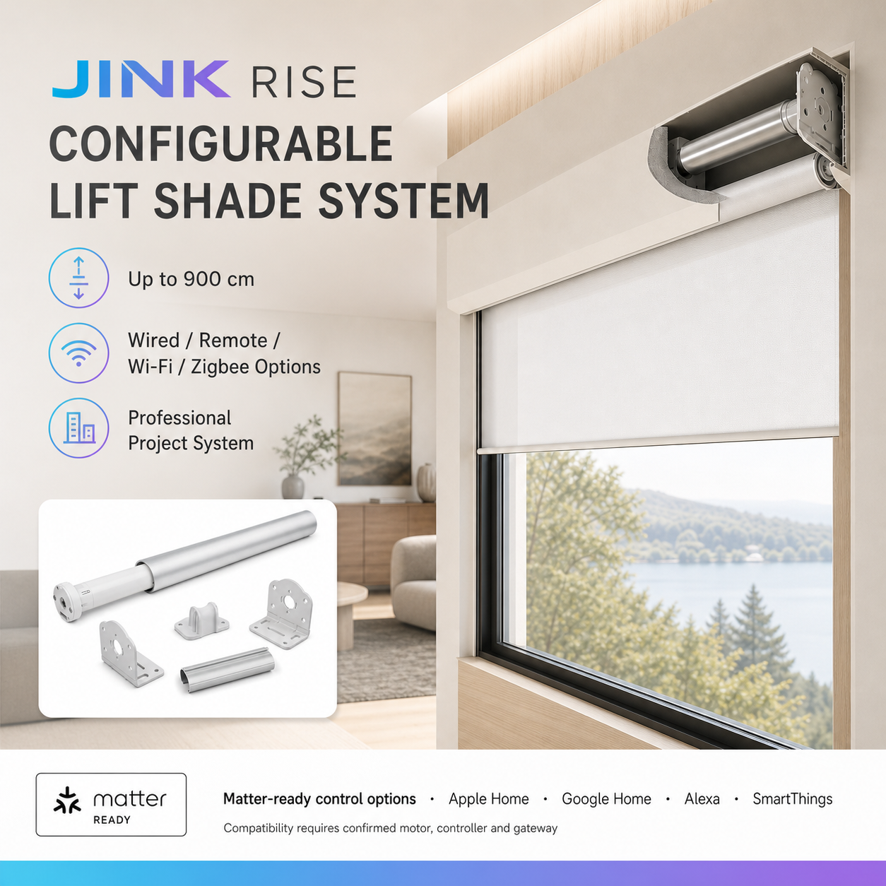 JINK Rise configurable lift shade system with smart control compatibility options