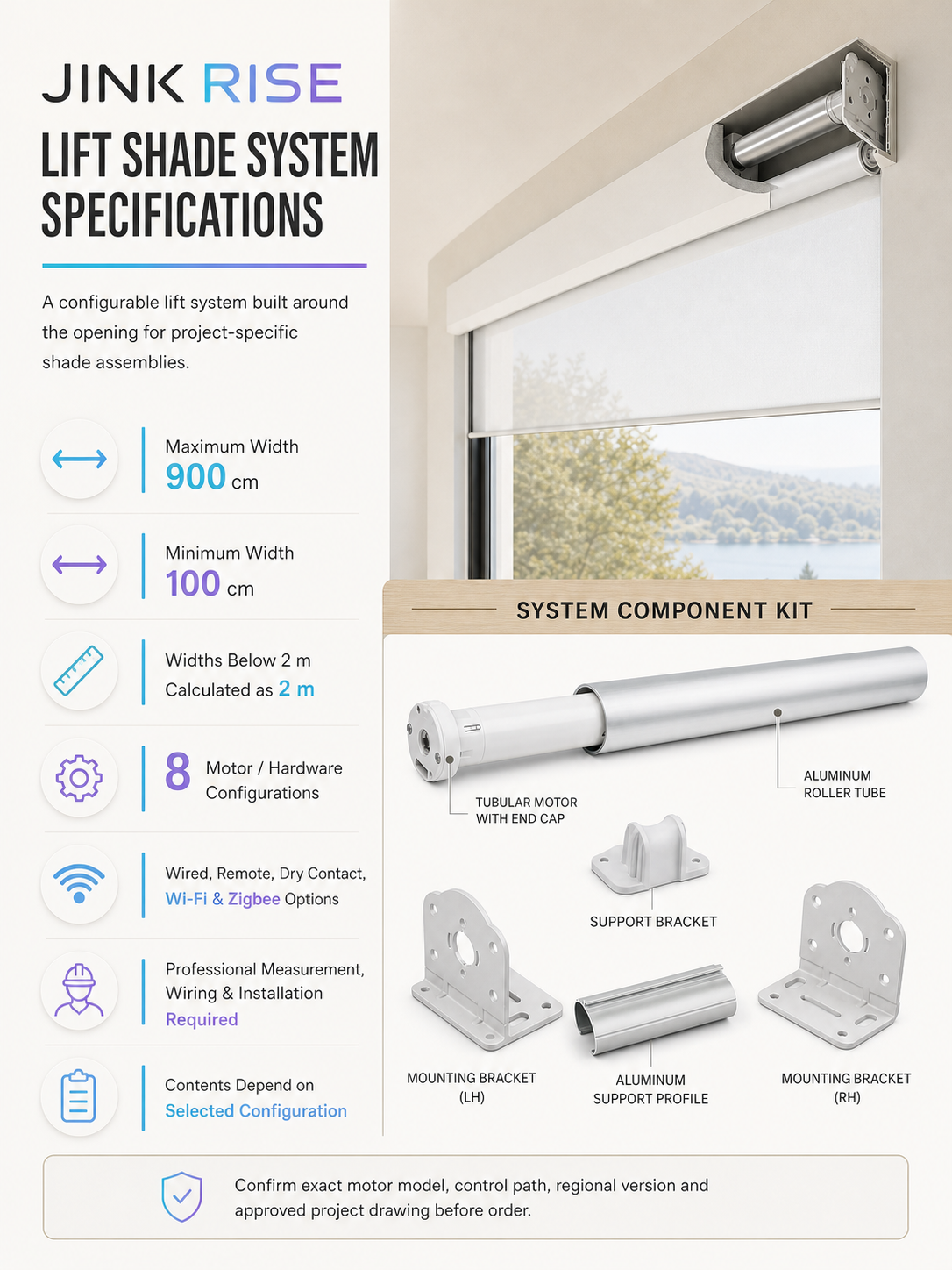 JINK Rise lift shade system specifications infographic