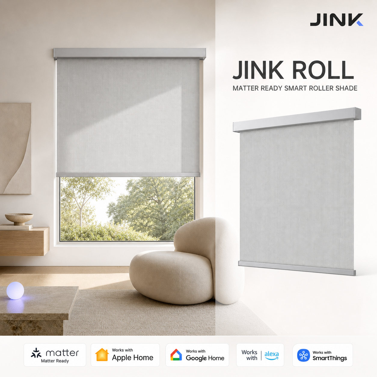JINK Roll Matter Ready smart roller shade hero with compatible smart home platforms