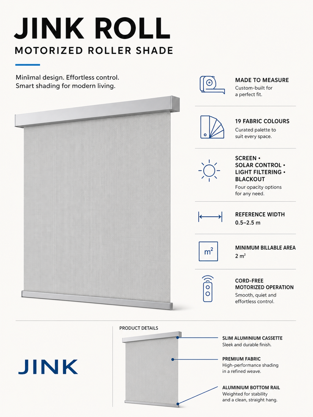 JINK Roll motorized roller shade specifications and fabric options