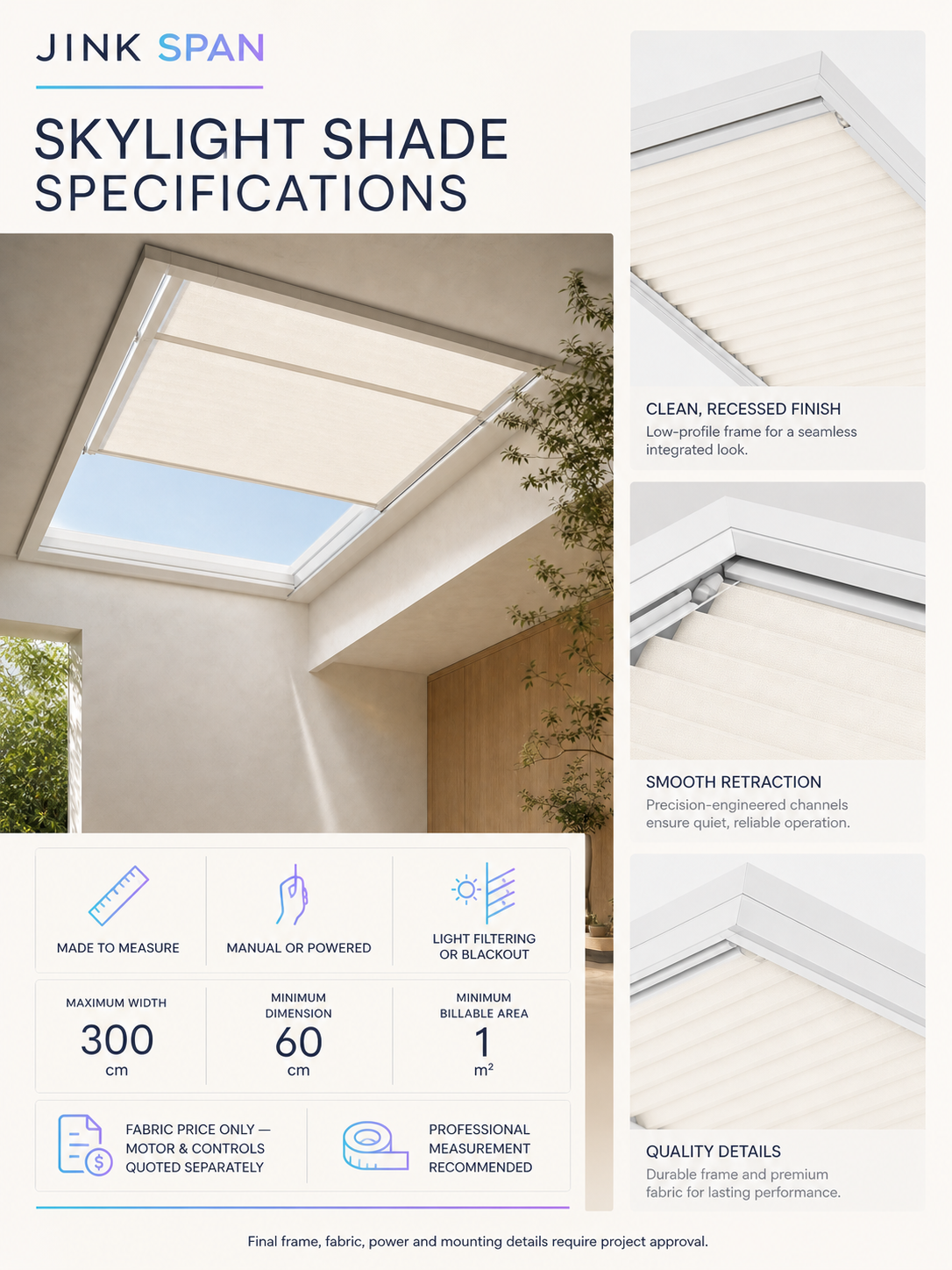 JINK Span skylight shade specifications infographic