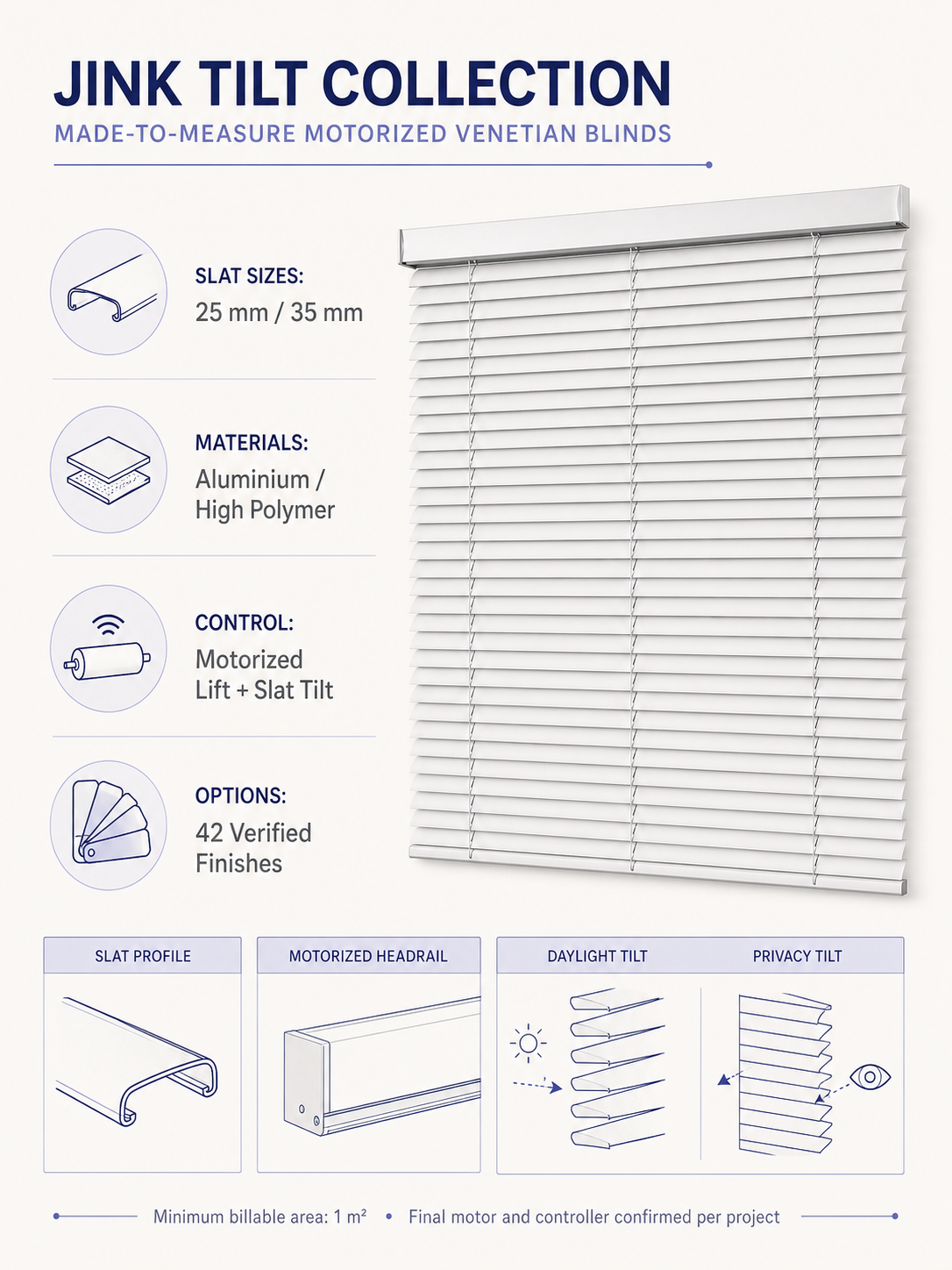 JINK Tilt 25 mm and 35 mm motorized Venetian blind specifications